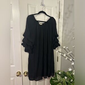 Midi Black Dress w/ Ruffle Sleeves + Elastic Neckline